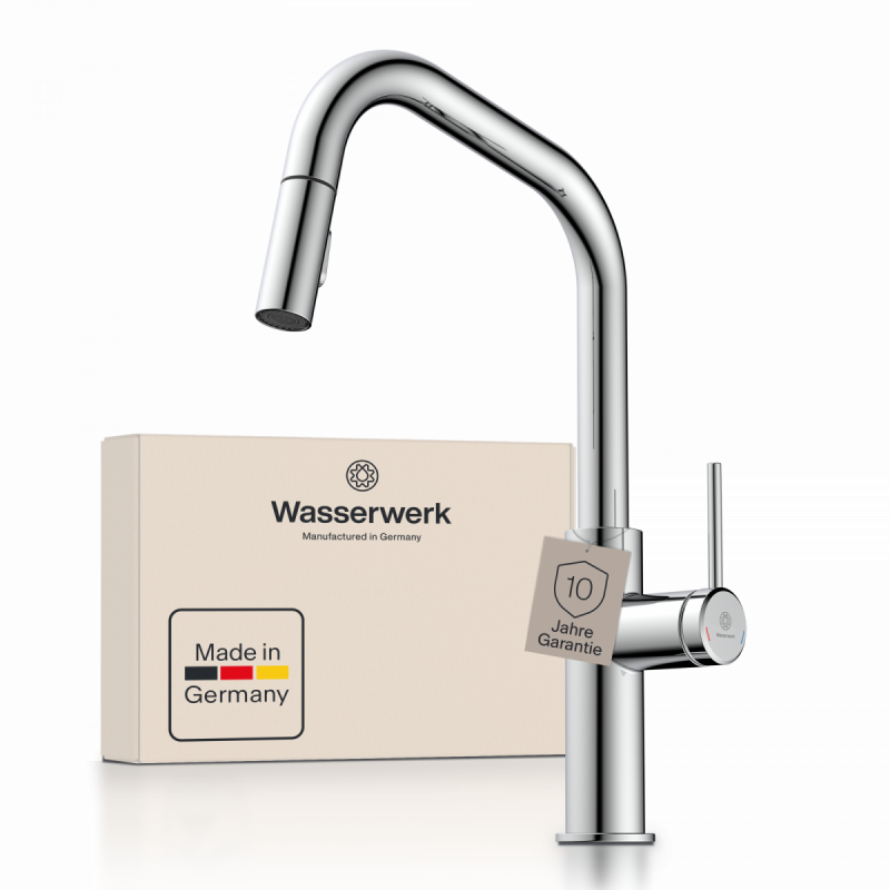 WK 13 Edge in chrome, Kitchen Faucet with edged spout and pull-down spray