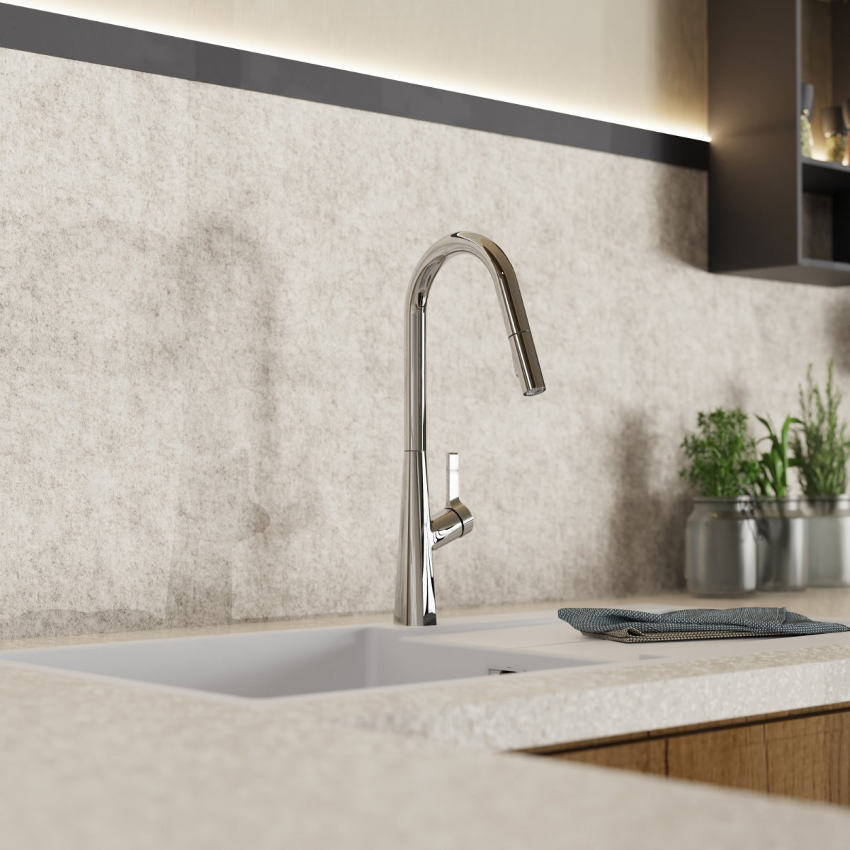 WK 9 Curve in chrome, Kitchen Faucet with curved spout and pull-down spray