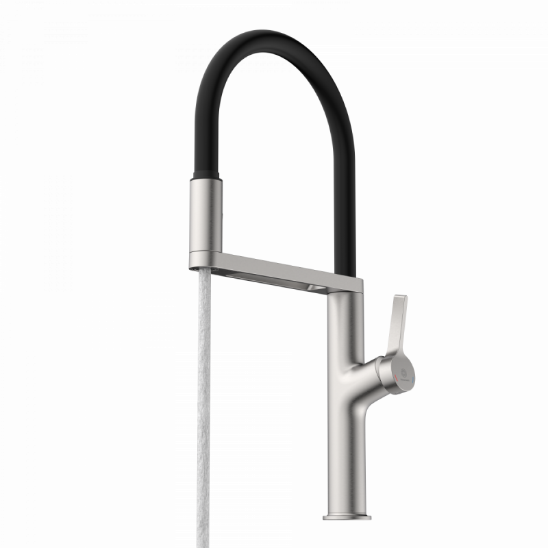 WK 2 en apparence inox, Mitigeur de cuisine avec tuyau flexible Soft-Touch et douchette