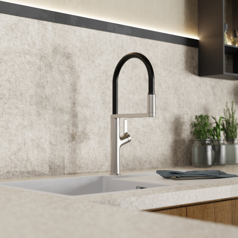 WK 2 en apparence inox, Mitigeur de cuisine avec tuyau flexible Soft-Touch et douchette