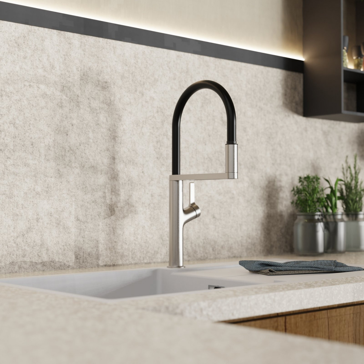 WK 2 en apparence inox, Mitigeur de cuisine avec tuyau flexible Soft-Touch et douchette
