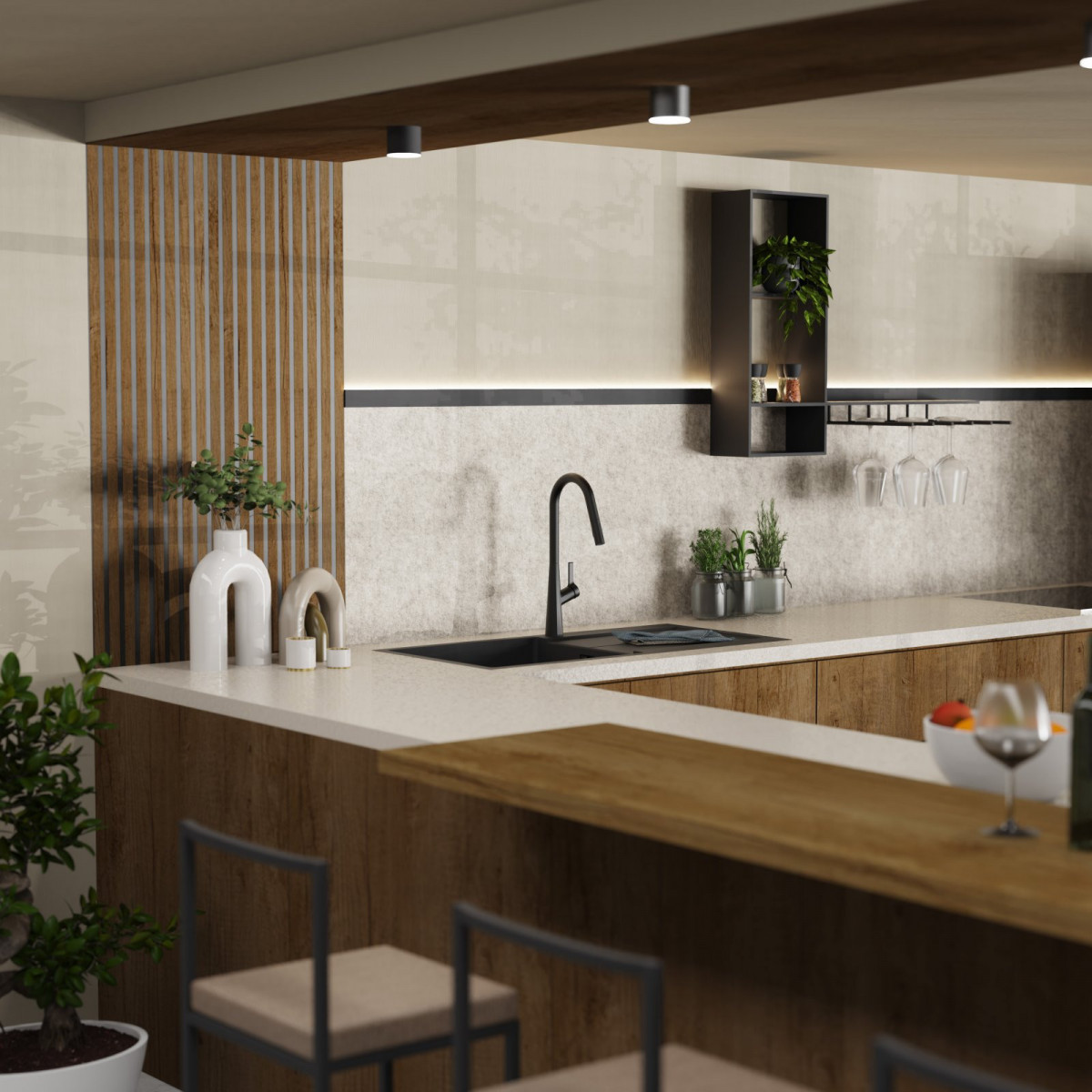 WK 9 Curve in black, Kitchen Faucet with curved spout and pull-down spray