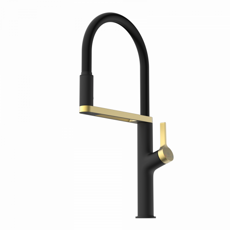 WK 2 en noir/or, Mitigeur de cuisine avec tuyau flexible Soft-Touch et douchette
