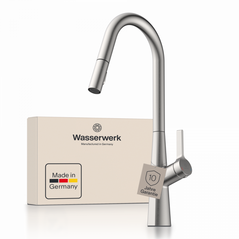WK 9 Curve in stainless steel look, Kitchen Faucet with curved spout and pull-down spray