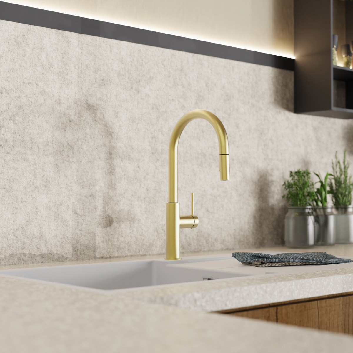 WK 13 Sphere in gold look, Kitchen Faucet with arched spout and pull-down spray