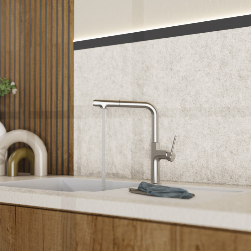WK 11 in stainless steel look, Kitchen Faucet with straight spout and pull-out spray