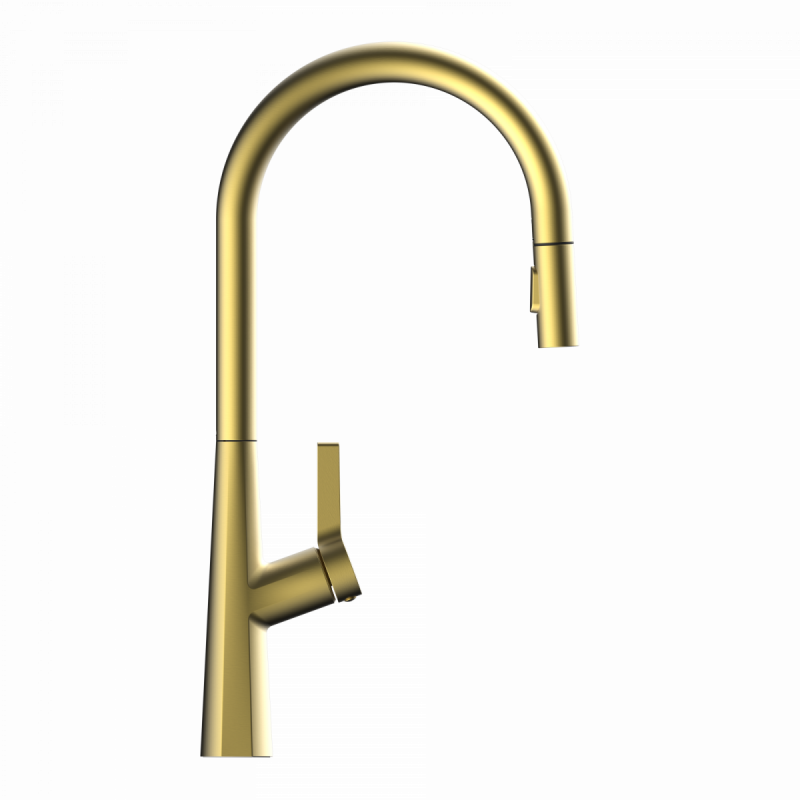 Goldfarbene Küchenarmatur mit hohem gebogenem Auslauf und seitlichem Hebelgriff.
