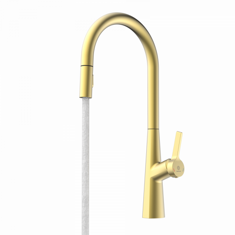 Goldfarbene Küchenarmatur mit hohem gebogenem Auslauf und seitlichem Bedienhebel.