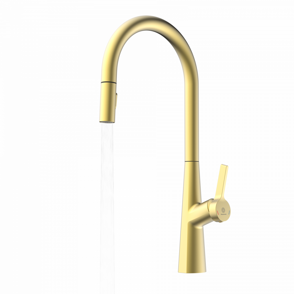 Goldfarbene Küchenarmatur mit hohem gebogenem Auslauf und laufendem Wasserstrahl.
