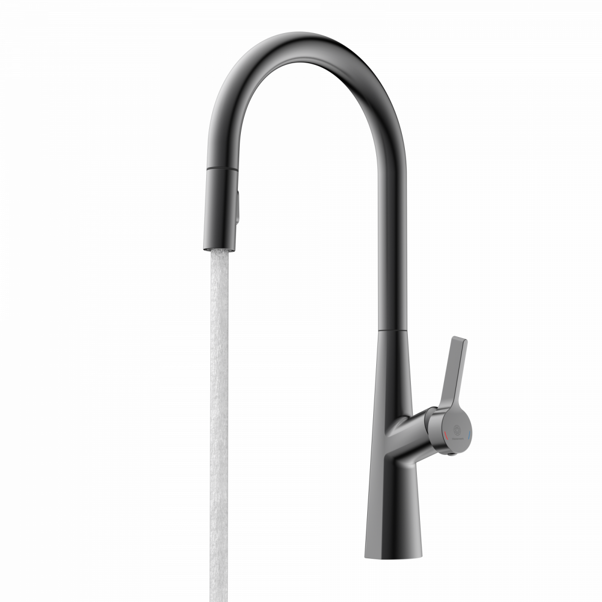 Schwarze Küchenarmatur mit hohem gebogenem Auslauf und seitlichem Hebelgriff, Wasser läuft.