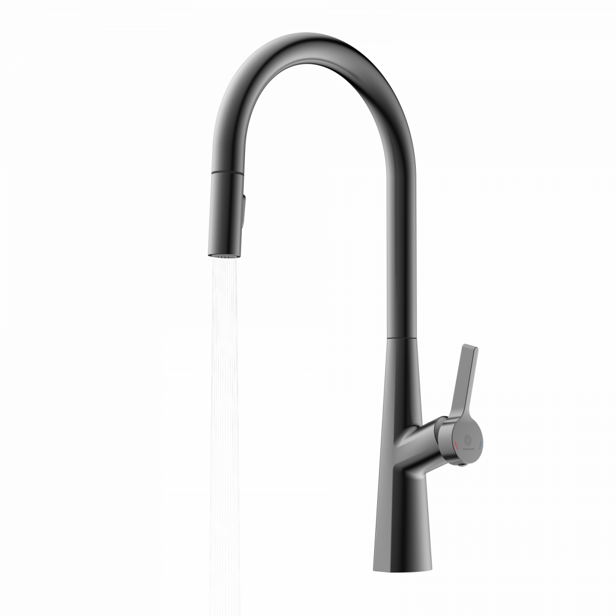 Schwarze Küchenarmatur mit hohem gebogenem Auslauf und laufendem Wasserstrahl.