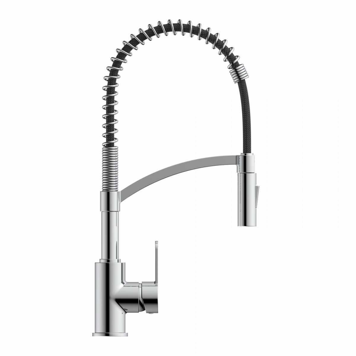Küchenarmatur aus Metall mit flexiblem Federhals und seitlichem Bedienhebel.
