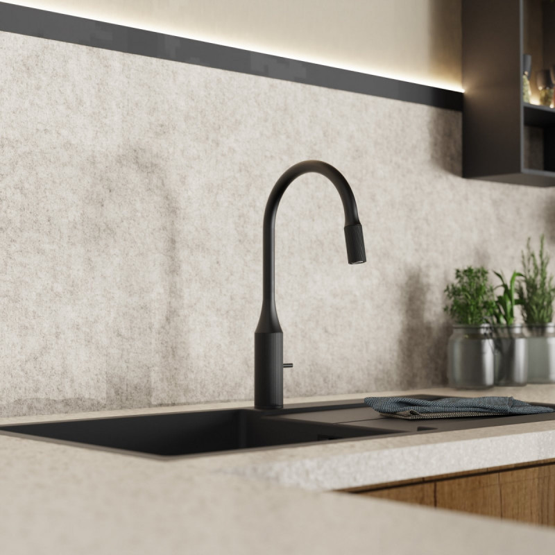 WK 14 in zwart, Keukenkraan met gebogen uitloop en designhendel