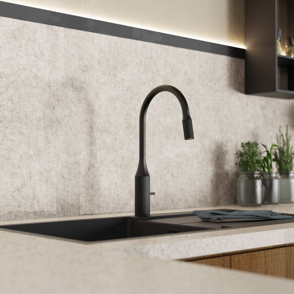 WK 14 in black, Kitchen Faucet with arched spout and design-handle