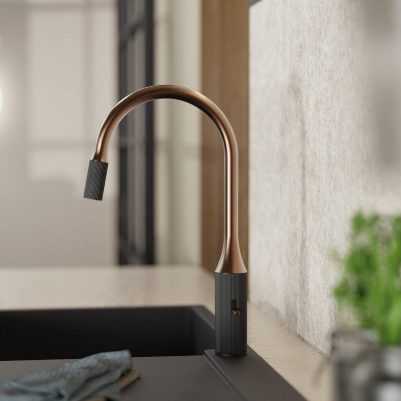 WK 14 in black/copper, Kitchen Faucet with arched spout and design-handle