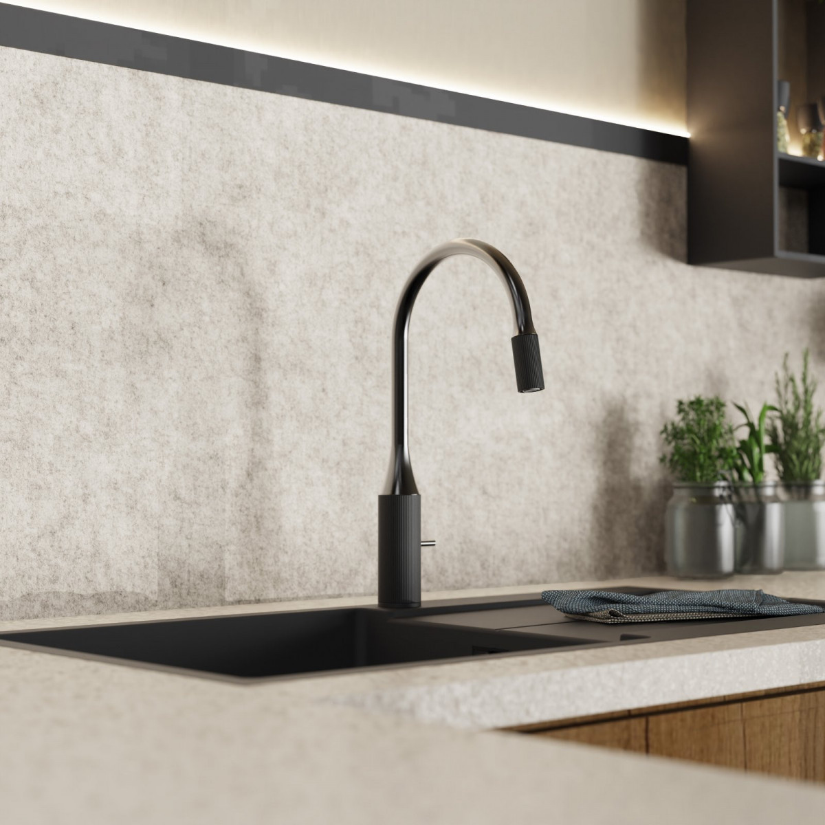 WK 14 in black/graphite, Kitchen Faucet with arched spout and design-handle