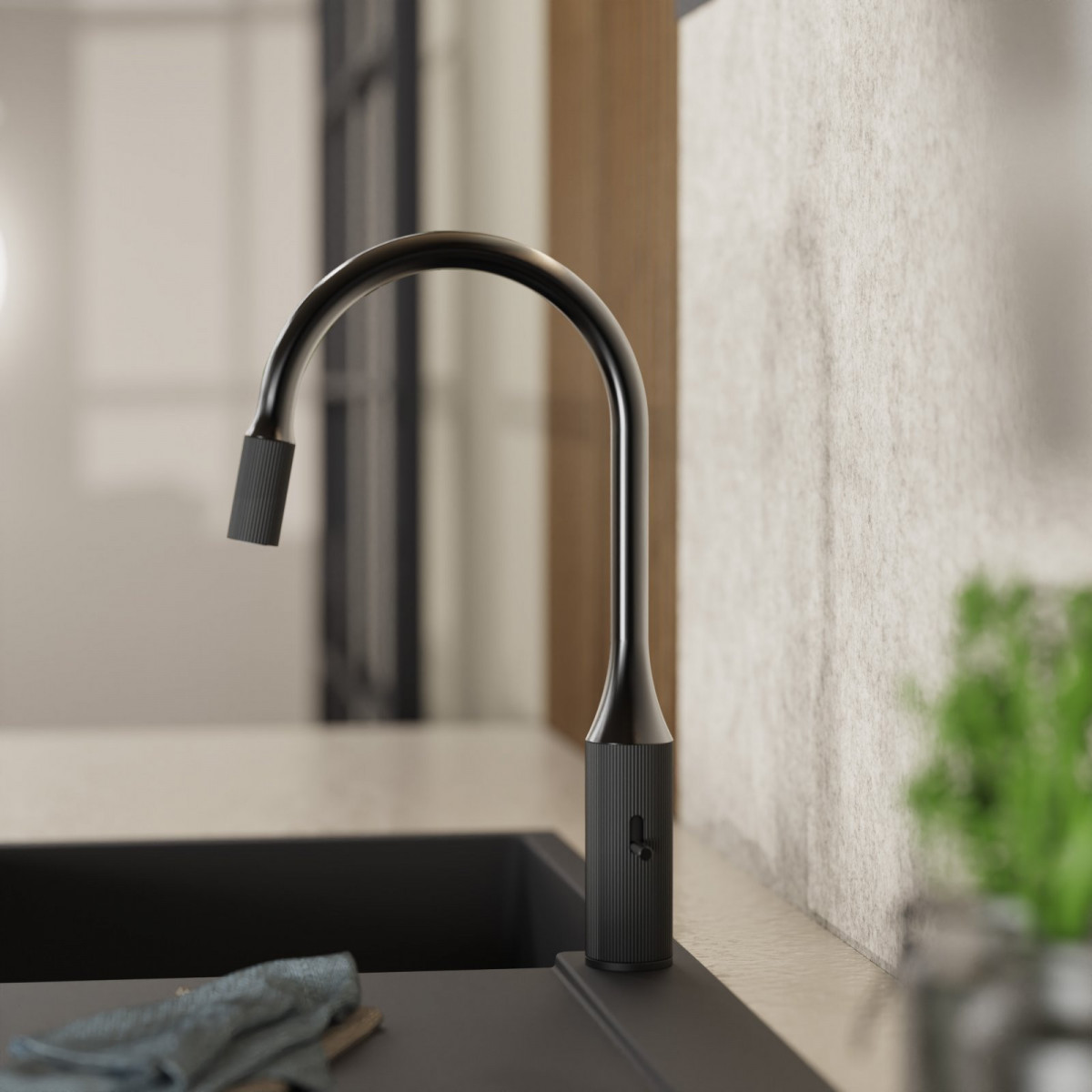 WK 14 in black/graphite, Kitchen Faucet with arched spout and design-handle