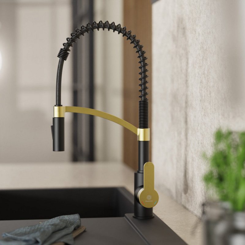 Schwarze Küchenarmatur mit flexiblem Federhals und goldfarbenen Elementen an Spüle.
