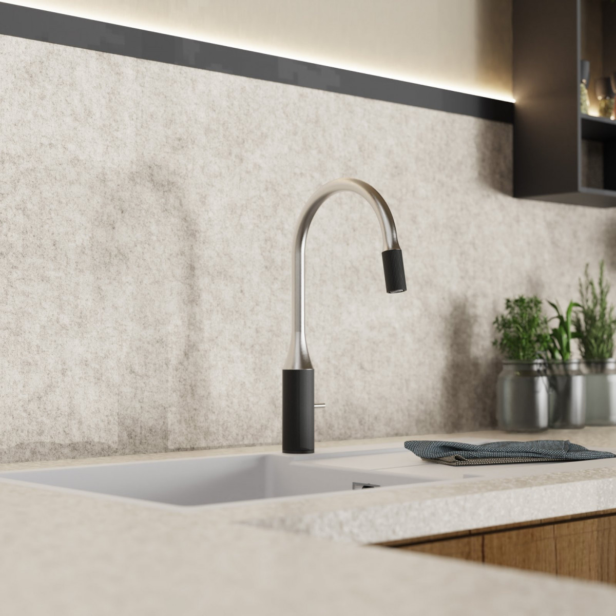 WK 14 in black/stainless steel look, Kitchen Faucet with arched spout and design-handle