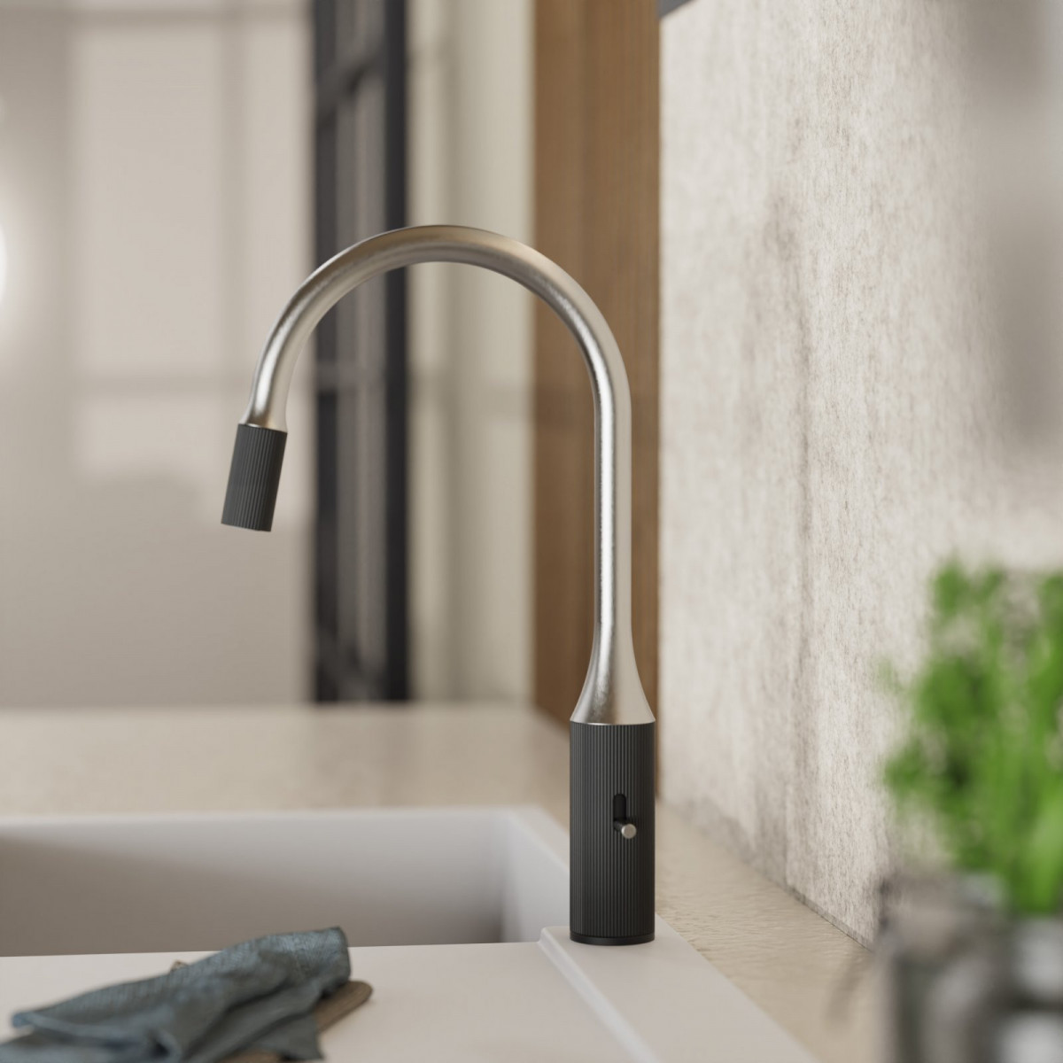 WK 14 in black/stainless steel look, Kitchen Faucet with arched spout and design-handle