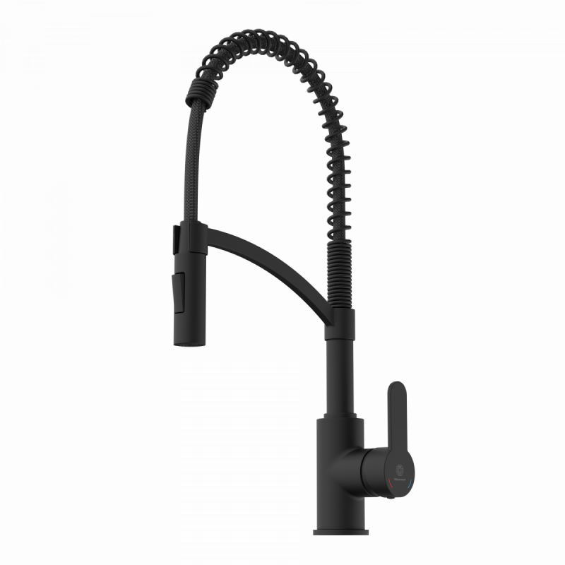 Schwarze Küchenarmatur mit hohem, flexiblen Auslauf und seitlichem Bedienhebel.