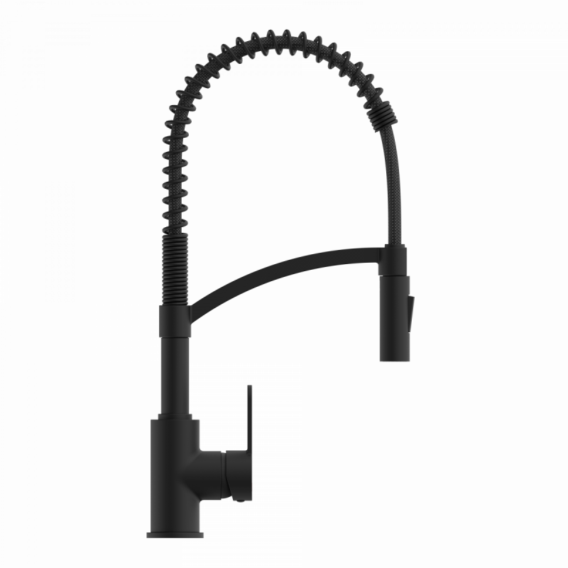 Schwarze Küchenarmatur mit hoher Federbrause und seitlichem Bedienhebel.