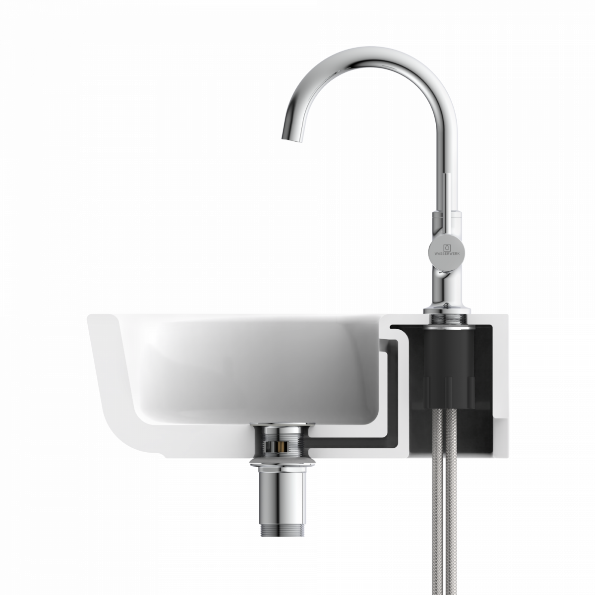 Querschnitt eines weißen Waschbeckens mit verchromtem Wasserhahn und sichtbarer Leitungsführung.