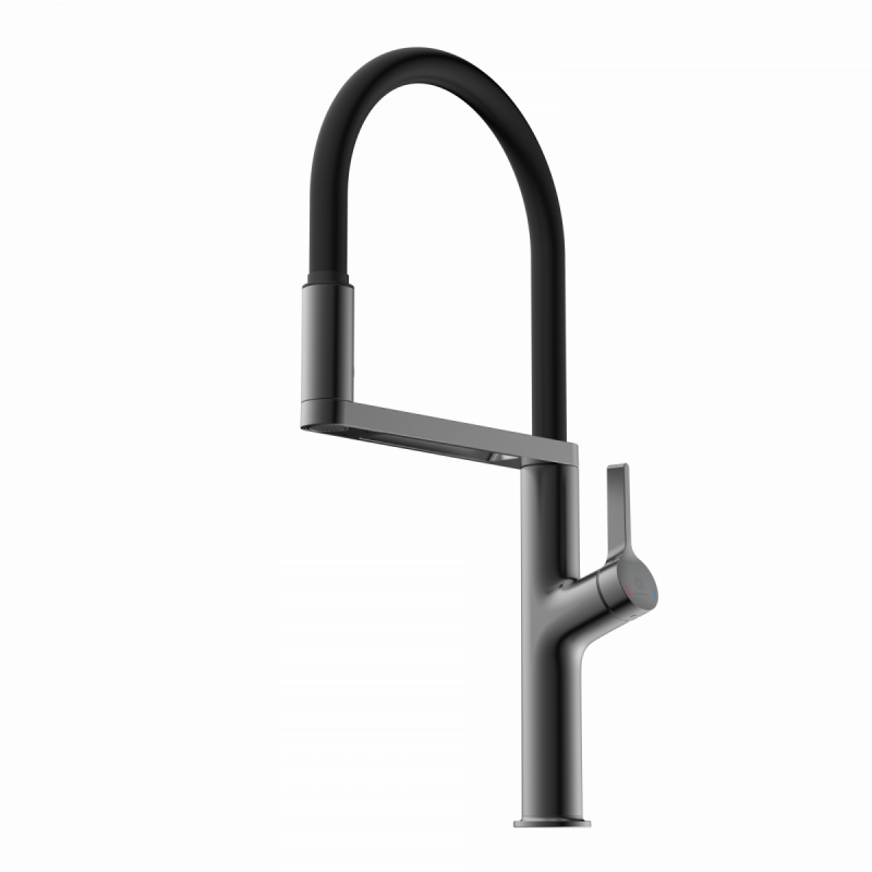 Schwarze Küchenarmatur mit hohem flexiblem Auslauf und seitlichem Bedienhebel.