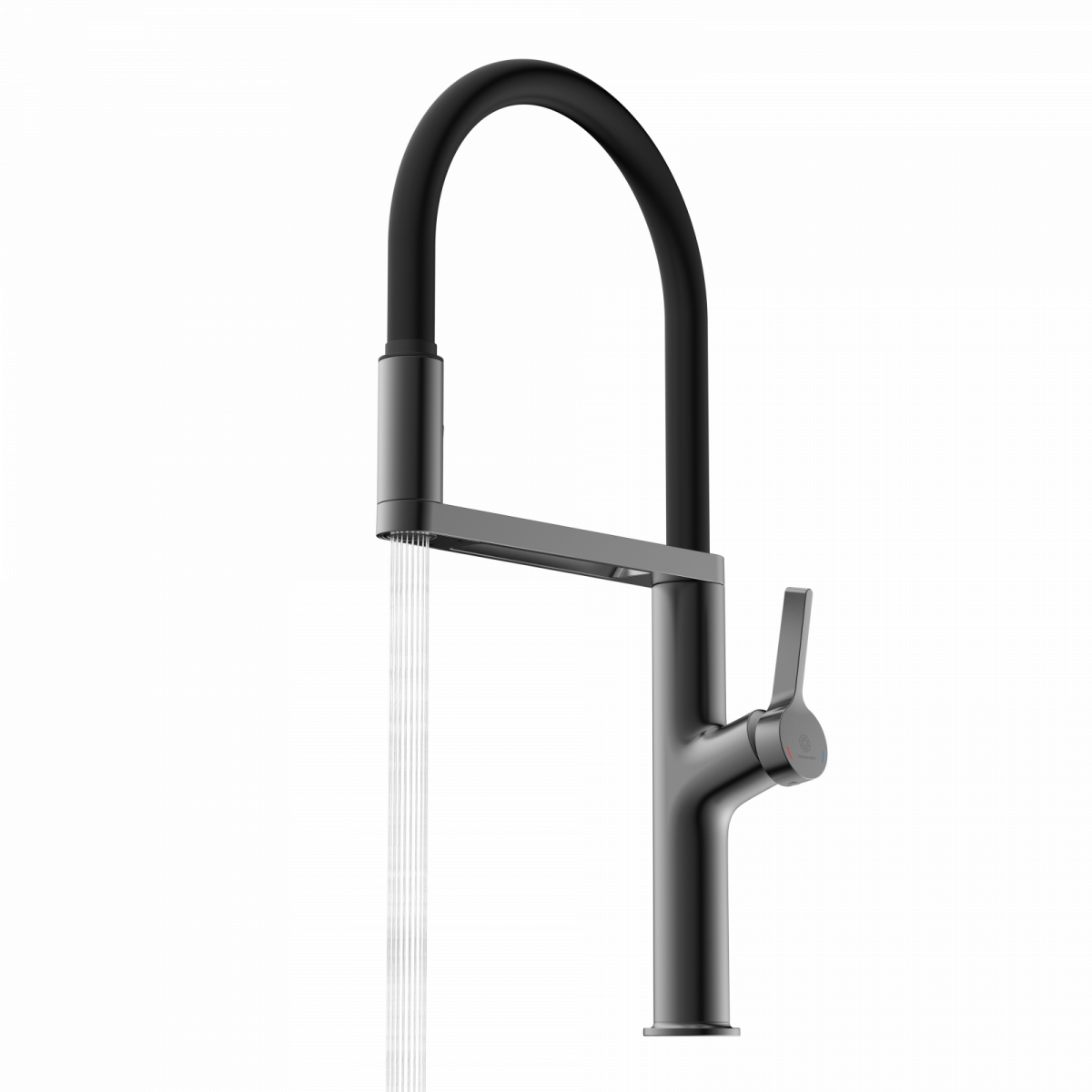 Schwarze Küchenarmatur mit hohem flexiblem Auslauf und laufendem Wasserstrahl.