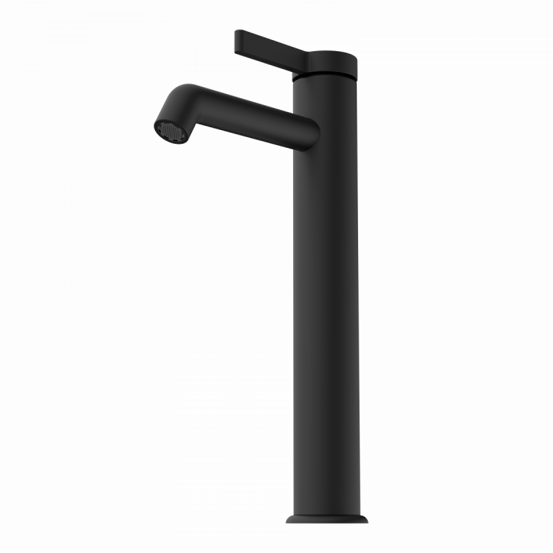 Hoher schwarzer Wasserhahn mit geradem Auslauf und flachem Hebelgriff.