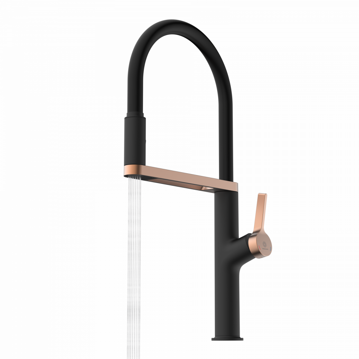 Schwarze Küchenarmatur mit hohen flexiblen Auslauf, roségoldenen Akzenten und fließendem Wasserstrahl.