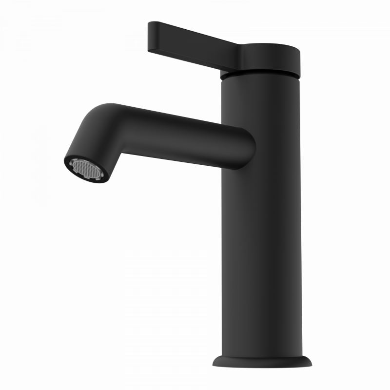 Schwarzer Einhebel-Wasserhahn mit rundem Körper und abgewinkeltem Auslauf.