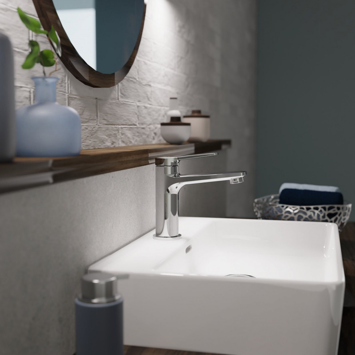 Chromfarbene Einhebel-Waschtischarmatur auf weißem rechteckigem Waschbecken.