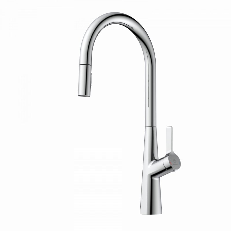 Hoher verchromter Küchenwasserhahn mit gebogenem Auslauf und seitlichem Hebelgriff.