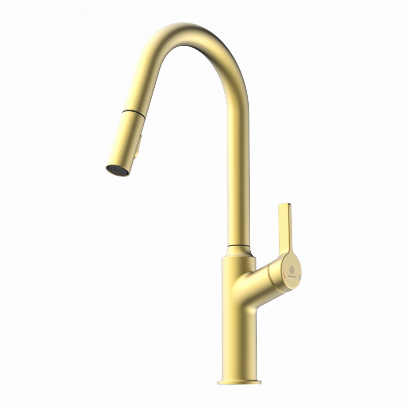 WK 12 in goudkleurige look, Keukenkraan met gebogen uitloop en uittrekbare sproeier