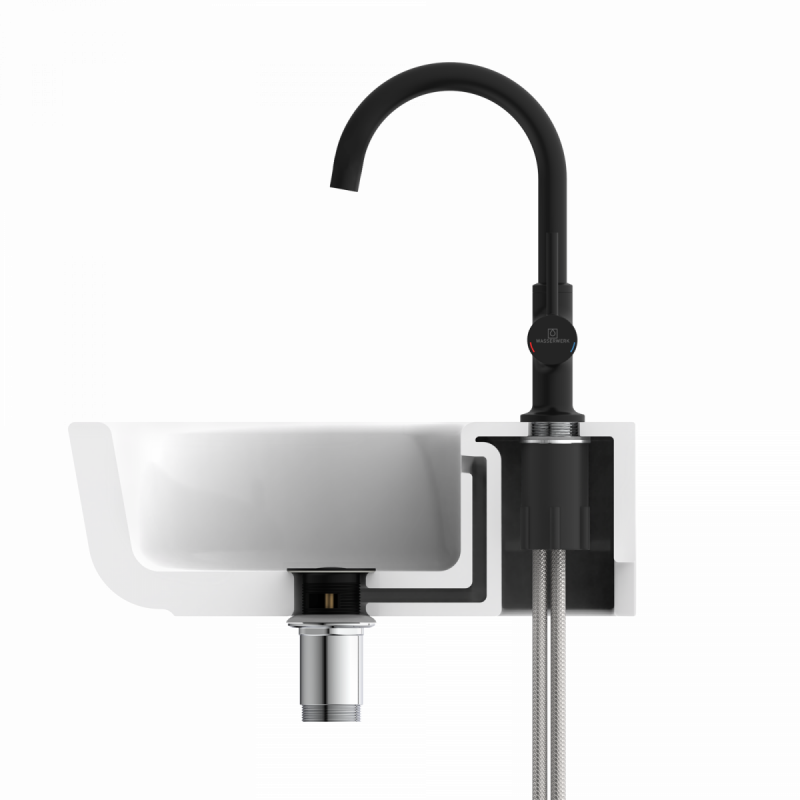 Querschnitt einer weißen Keramikspüle mit schwarzem Wasserhahn und sichtbaren Anschlussschläuchen.