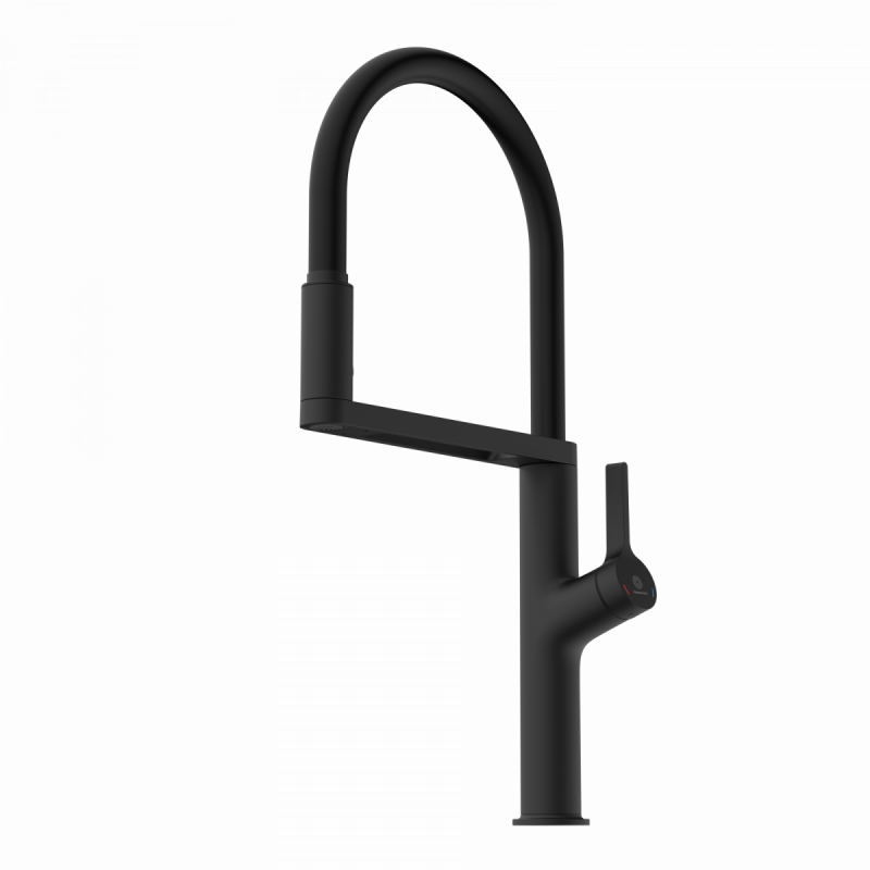 Schwarze Küchenarmatur mit hohem, flexiblem Auslauf und seitlichem Bedienhebel.