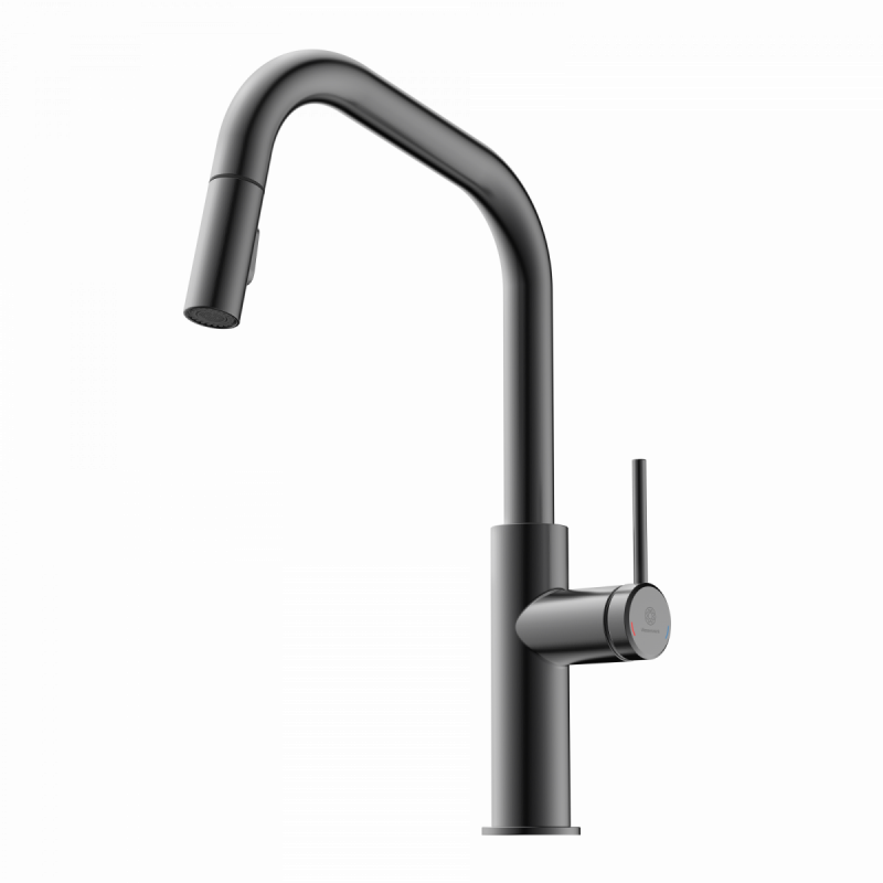 Schwarze Küchenarmatur mit hohem gebogenem Auslauf und seitlichem Hebelgriff.