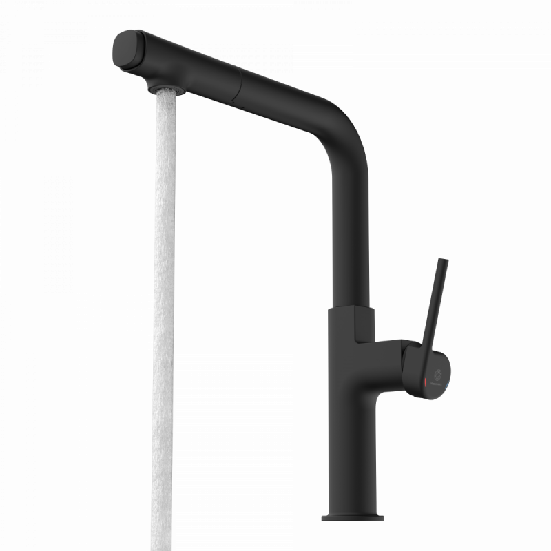 Schwarze Küchenarmatur mit seitlichem Hebelgriff und fließendem Wasserstrahl.