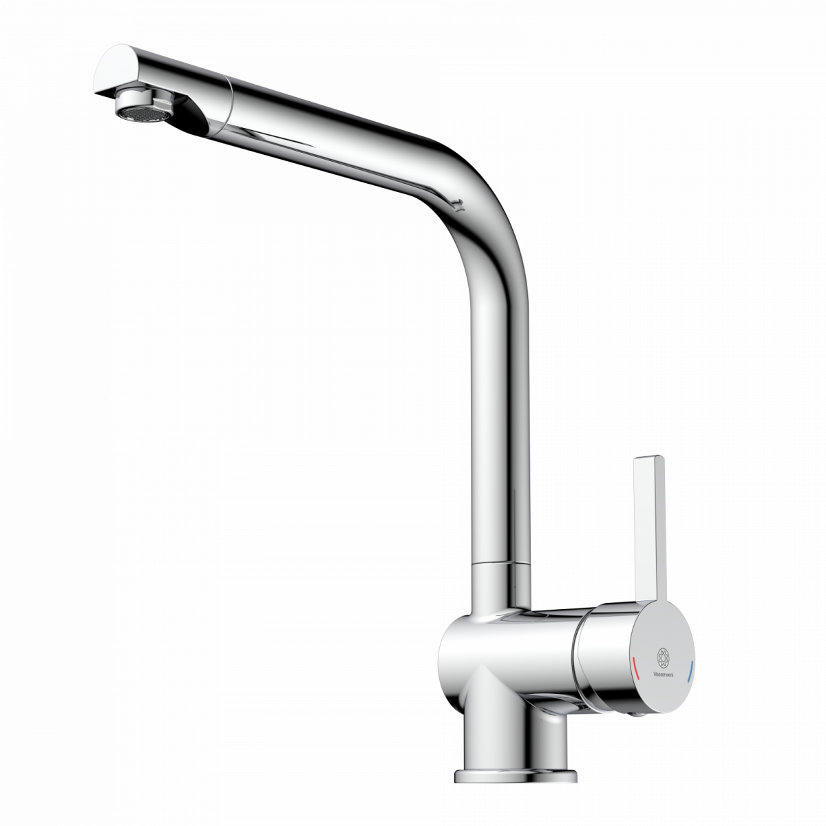 Chromfarbene Küchenarmatur mit hohem, gebogenem Auslauf und seitlichem Hebelgriff.