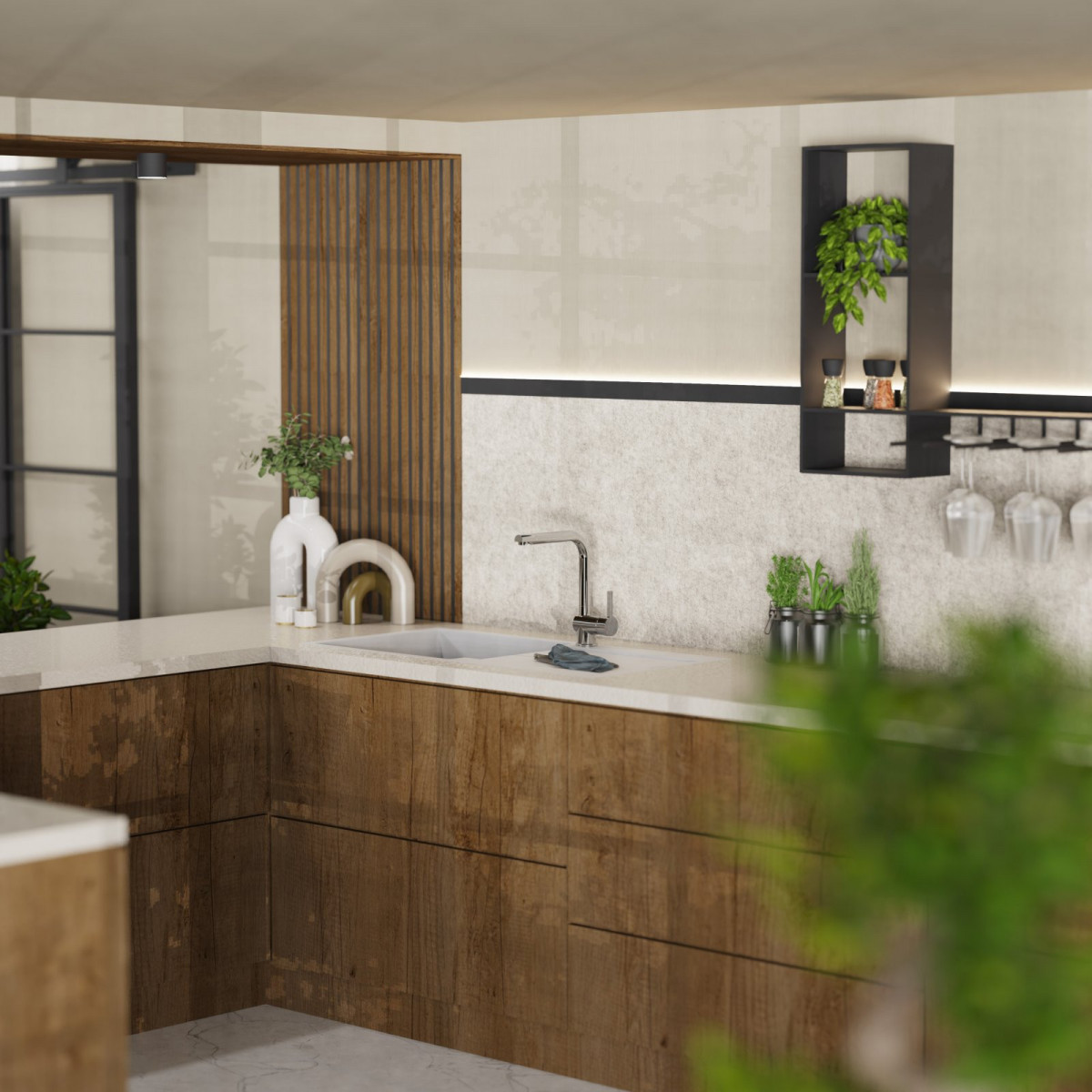 Chrom Armatur mit hohen Auslauf über heller Arbeitsplatte