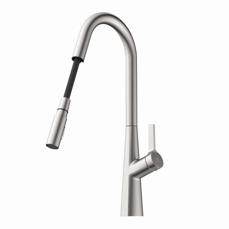 Edelstahl Küchenarmatur mit hohem gebogenem Auslauf und schwarzem Brauseschlauch.
