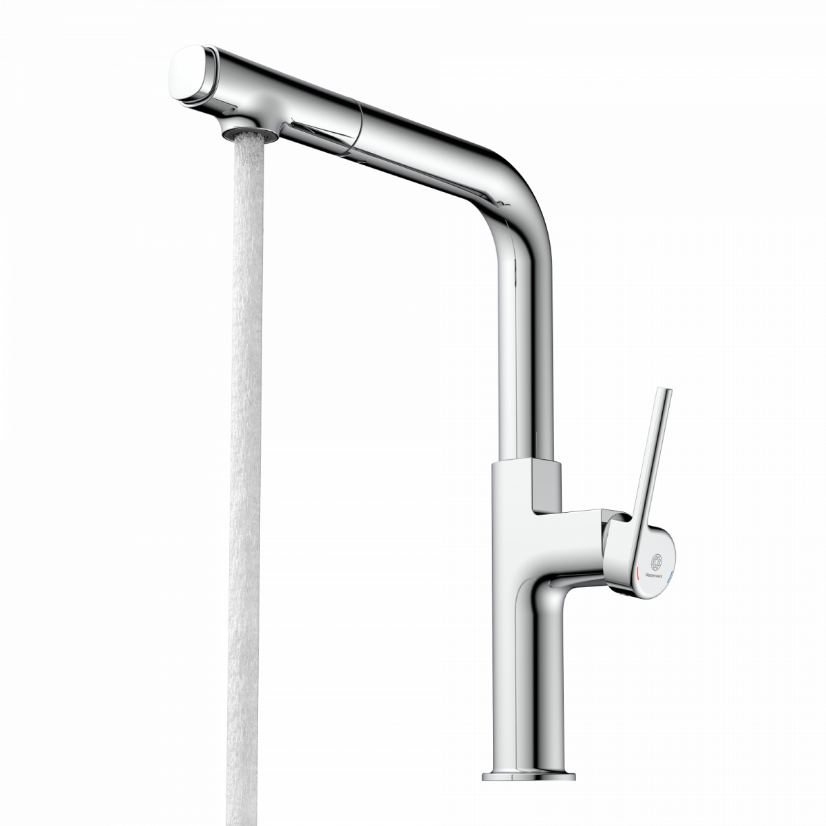 Chromfarbene Küchenarmatur mit seitlichem Hebelgriff und fließendem Wasserstrahl.