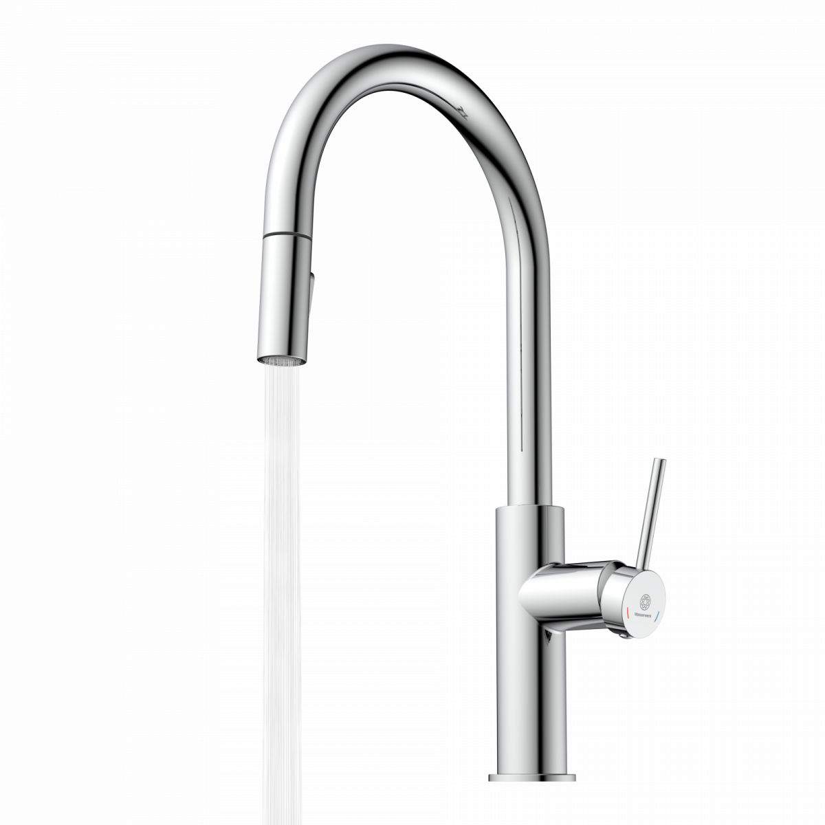 Silberne Küchenarmatur mit hohem gebogenem Auslauf und seitlichem Hebelgriff, Wasser läuft.