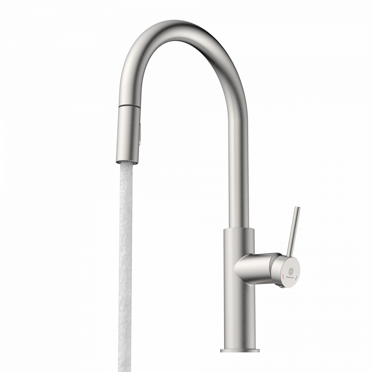 Silberfarbene Küchenarmatur mit hohem gebogenem Auslauf und fließendem Wasserstrahl.
