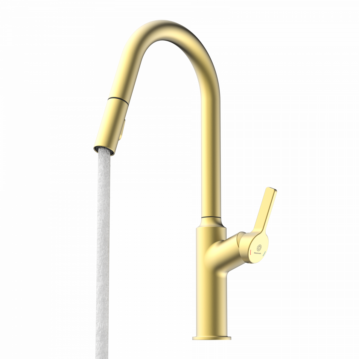 Goldfarbene Küchenarmatur mit hohem gebogenem Auslauf und fließendem Wasserstrahl.
