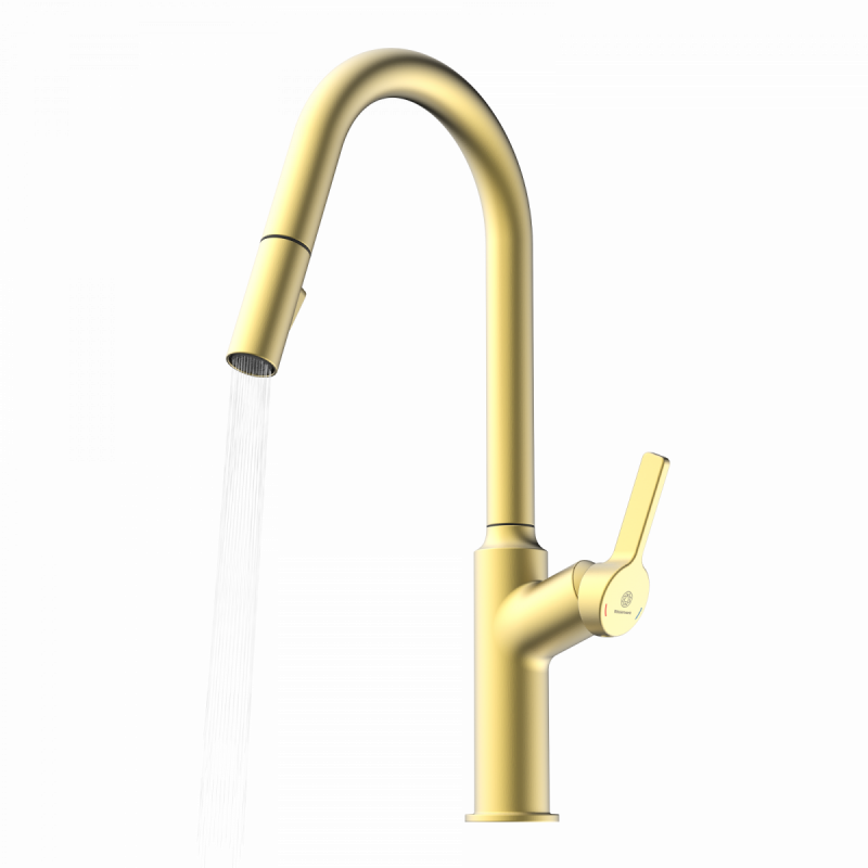 Goldfarbene Küchenarmatur mit hohem Auslauf und laufendem Wasserstrahl.