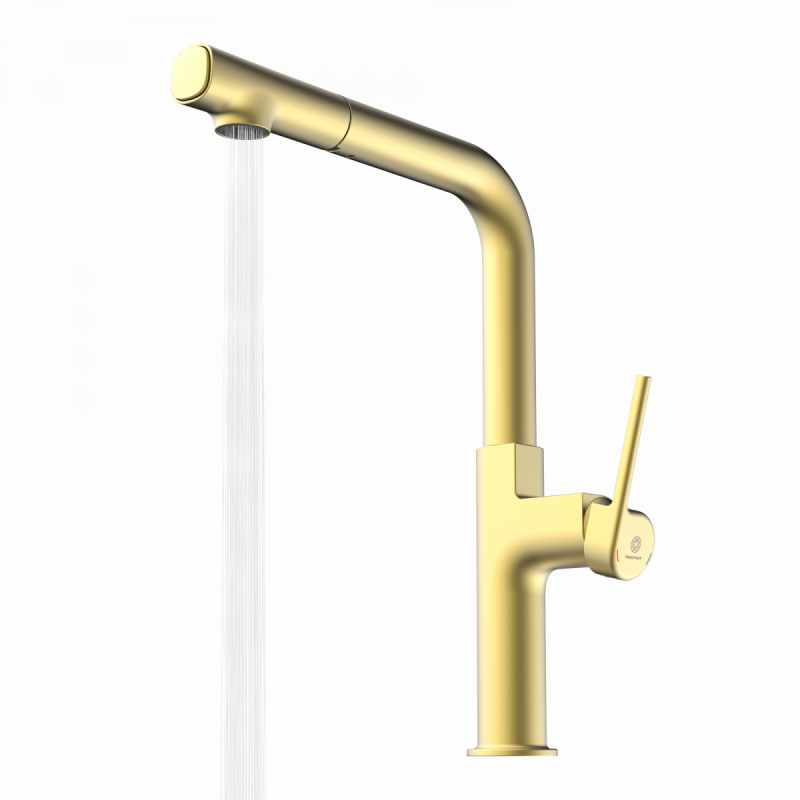Goldfarbene Küchenarmatur mit hohem gebogenem Auslauf und seitlichem Hebelgriff, Wasser fließt.
