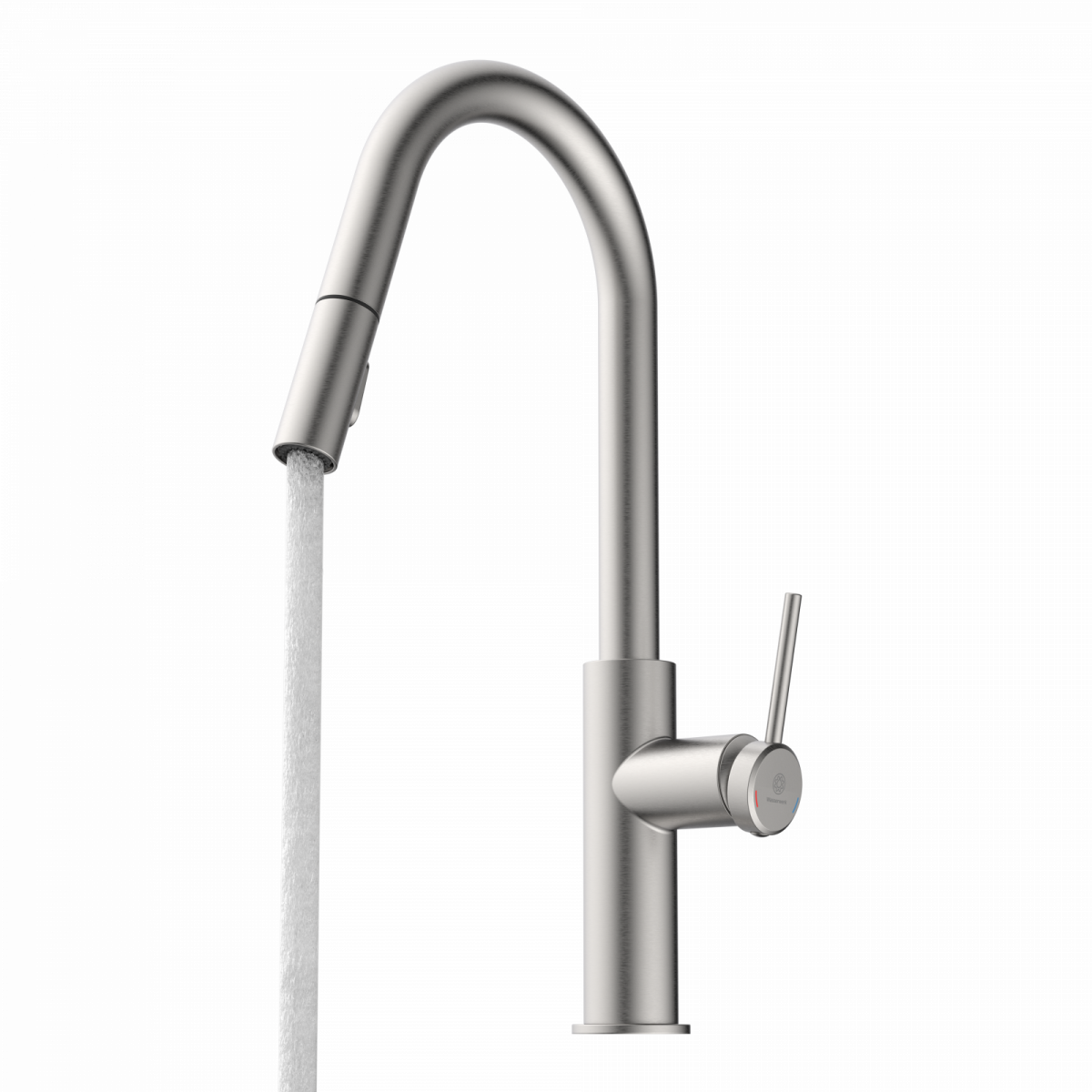 Edelstahl-Küchenarmatur mit hohem gebogenem Auslauf und seitlichem Hebelgriff, Wasser läuft.