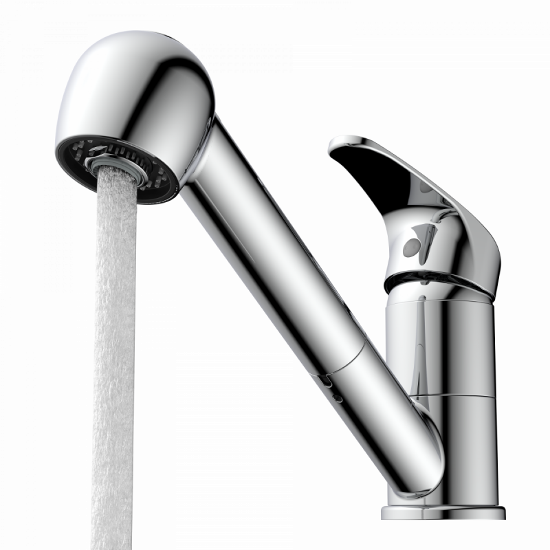 Chromfarbene Einhebel-Küchenarmatur mit ausziehbarem Auslauf und fließendem Wasserstrahl.